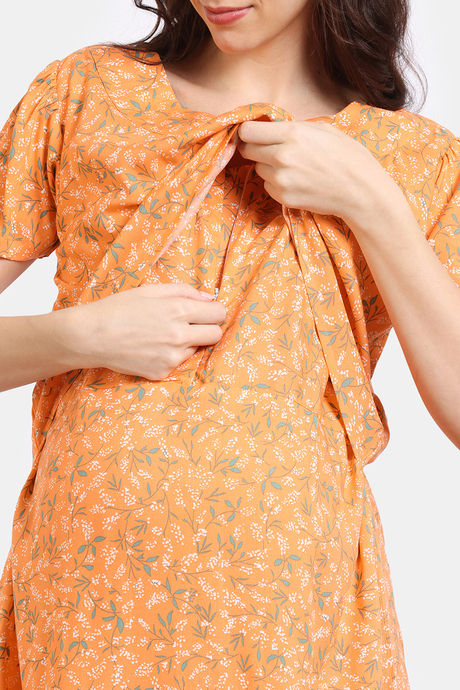 Coucou Maternity Woven Full Length Nightdress With Front Zipper And Discreet Feeding - Metalic Orange — image 6